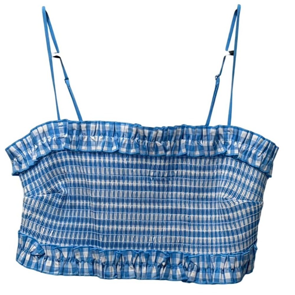 Colsie Blue and White Gingham Crop Top Adjustable Straps Fully Smocked Large NWT